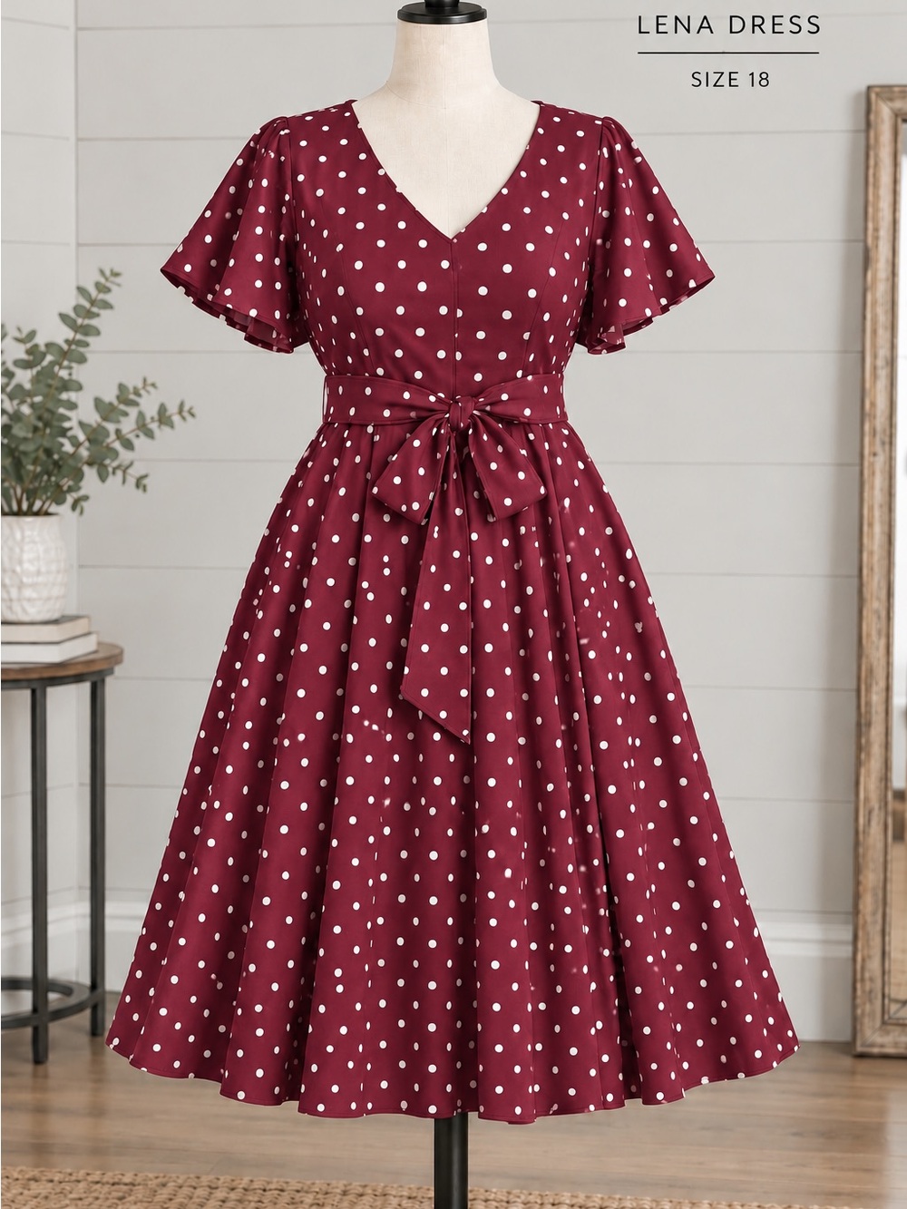 Lane Bryant Plus Lena Size 18 Burgundy/White Polka Dot VNeck Midi A-Line Dress
